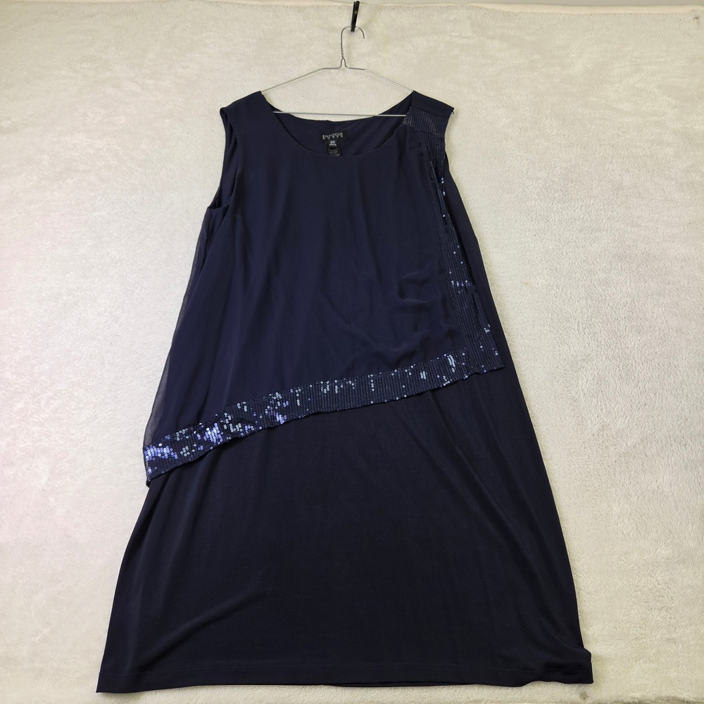 Enfocus Women Navy Blue Sequin Asymmetrical Sheer Overlay Shift Dress 18W